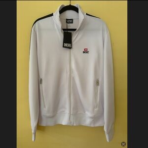 Diesel Men's White Zip-Up Sweatshirt with Black Stripe